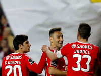 Benfica's forward Jonas (C) celebrates his goal with Benfica's forward Goncalo Guedes (L) and Benfica's defender Jardel Vieira (R)  during t...