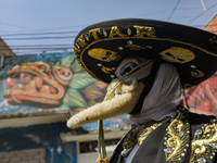A person dressed as a charro and wearing a Chinelo mask is participating in the Comparsa Faisanes as part of the closing of the annual Santa...