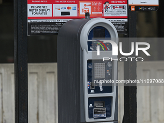 EDMONTON, CANADA - MARCH 23:
Parking meter machine in downtown Edmonton area, on March 23, 2024, in Edmonton, Alberta, Canada. (