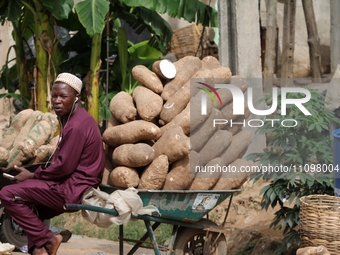A yam seller is awaiting buyers as most raw food vendors are recording low sales during the Ramadan period in Ogba, Lagos, Nigeria, on March...