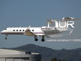 A Gulfstream G550, from a private company, is landing at the Barcelona airport in Barcelona, Spain, on February 29, 2024. (