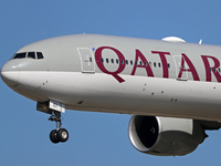 A Boeing 777-3DZ(ER) from Qatar Airways is landing at Barcelona Airport in Barcelona, Spain, on February 29, 2024. (