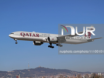 A Boeing 777-3DZ(ER) from Qatar Airways is landing at Barcelona Airport in Barcelona, Spain, on February 29, 2024. (