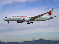 An Air Canada Boeing 787-8 Dreamliner is landing at the Barcelona airport in Barcelona, Spain, on August 15, 2024. (