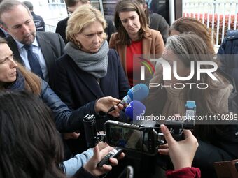 Severine Lepere, Managing Director of the SNCF Reseau Ile-de-France, is talking to the press at Bretigny-sur-Orge station on March 26, 2024,...