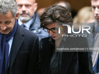 France's Minister for Culture Rachida Dati (R) and former French President Nicolas Sarkozy (L) are leaving after attending the funeral cerem...