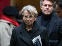 Former French Minister Michele Alliot-Marie is leaving after attending the funeral ceremony of France's former Minister of Culture, writer,...
