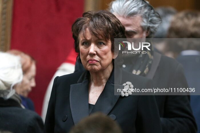 Roselyne Bachelot-Narquin (C) is leaving the Saint-Thomas-d'Aquin church in Paris, France, on March 26, 2024, after attending the funeral ce...