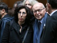 Former French Culture Ministers Rima Abdul Malak (L) and Jacques Toubon are leaving the Saint-Thomas-d'Aquin church in Paris, France, on Mar...