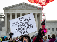 An anti-abortion activist dressed as the Grim Reaper demonstrates at the Supreme Court before it hears oral arguments in a case that could e...