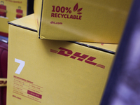 DHL boxes are seen in Rome, Italy on March 25, 2024. (