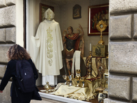 Liturgical accessories are seen at a store in Rome, Italy on March 25, 2024. (