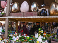 Traditional Easter Market at the Main Square in Krakow, Poland on March 26th, 2024. Colourful Easter eggs, handmade decorations and regional...
