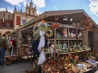 Traditional Easter Market at the Main Square in Krakow, Poland on March 26th, 2024. Colourful Easter eggs, handmade decorations and regional...