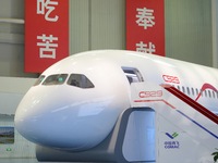 A prototype of the C929 passenger jet is being displayed at the COMAC Shanghai Aircraft Design and Research Institute in Shanghai, China, on...