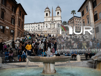 People are gathering in Piazza di Spagna, one of the most famous monumental squares in the Italian capital, in Rome, Italy, on March 24, 202...
