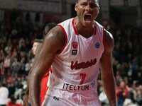 Skylar Spencer of Itelyum Varese is playing during the FIBA Europe Cup match between Openjobmetis Varese and Nymburk in Varese, Italy, on Ma...
