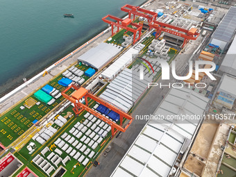 A storage area for prefabricated parts of the Qingdao Jiaozhou Bay Second Undersea Tunnel project is being seen in Qingdao, Shandong Provinc...