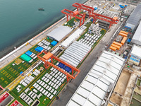 A storage area for prefabricated parts of the Qingdao Jiaozhou Bay Second Undersea Tunnel project is being seen in Qingdao, Shandong Provinc...