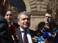 Member of Parliament Toshko Yordanov from the There Is Such a Nation political party is standing outside the presidential building in Sofia,...
