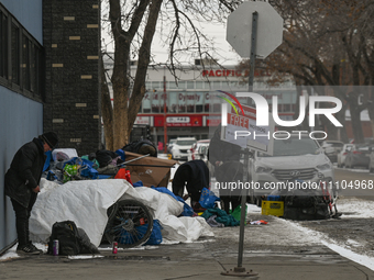 EDMONTON, CANADA - MARCH 28:
A small campsite on the pavement outside Hope Mission in downtown Edmonton area, on March 28, 2024, in Edmonton...