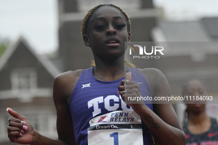 Iyana Gray of TCU is taking the victory in the College Women's 100m dash Championship while athletes are competing on day 3 of the 128th Pen...