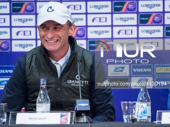 Irish horse jumper Denis Lynch talks to the press after placing second in the second class of the FEI World Cup finals at the 2016 Gothenbur...