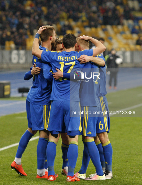 The players of Ukraine national football team celebrate a goal,during the friendly football match between Ukraine and Wales at Olimpiyskiy s...