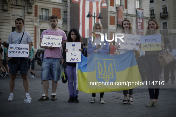 Activists display an Ukrainian flag and reivindicative banners in support of the new government established after 
