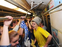 Kiev Metro fans celebrate after a victory over the Dnieper river Kiev bridge, beating Shakhtar Donetsk 2-1 (