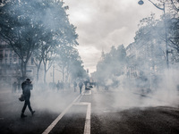 The streets are filled with gasses during a protest after the French government made use of the constitution's Article 49-3 allowing them to...