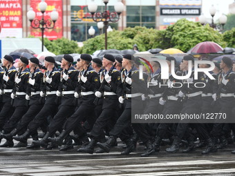 Kaliningrad, Russia 9th, May 2014 Russian soldiers march during a large military parade in Kaliningrad, Russia, to mark Victory Day, May 9,...