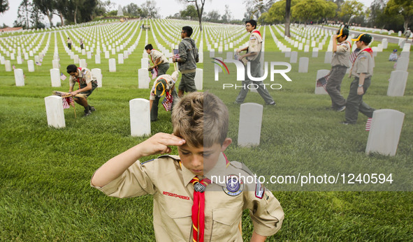 A boy scout salutes after placing U.S. flag in front of a grave stone at the Los Angeles National Cemetery, for the Memorial Day in Los Ange...