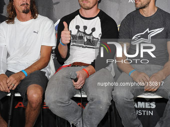 (L-R) Bucky Lasek, Morgan Wade and Jamie Bestwick attend the X Games press conference at Circuit Of The Americas on June 4, 2014 in Austin,...