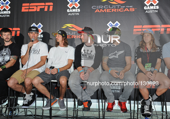 (L-R) Chris Cole, Bob Burnquist, Bucky Lasek, Morgan Wade, Jamie Bestwick, Tarah Gieger attend the X Games press conference at Circuit Of Th...