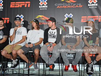 (L-R) Chris Cole, Bob Burnquist, Bucky Lasek, Morgan Wade, Jamie Bestwick, Tarah Gieger attend the X Games press conference at Circuit Of Th...
