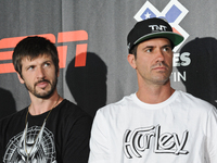 Chris Cole (L) and Bob Burnquist attend the X Games press conference at Circuit Of The Americas on June 4, 2014 in Austin, Texas. EDITORIAL...