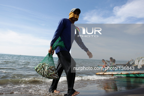Tacloban, Philippines - A fisherman rinses his catch in the sea in Tacloban City on June 11, 2014. On November 8, 2013, Haiyan, one of the m...