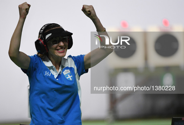 Anna Korakaki of Greece reacts after the women's 25m pistol final of shooting at the 2016 Rio Olympic Games in Rio de Janeiro, Brazil, on Au...