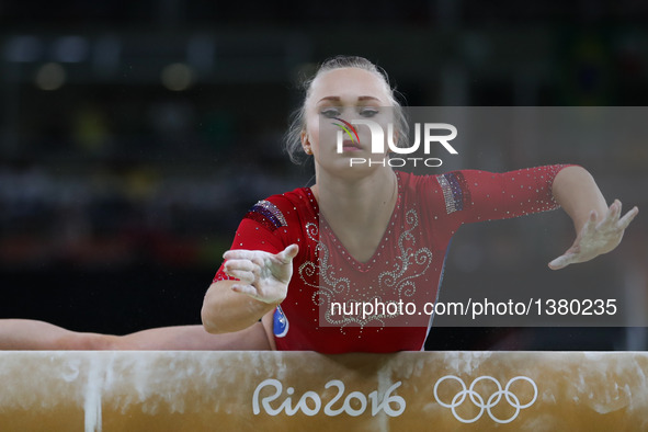 Angelina Melnikova of Russia competes during a balance beam event of women's team final of Artistic Gymnasitcs at the 2016 Rio Olympic Games...