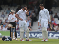 L-R England's Alastair Cook  and England's Alex Hales  not happy been given out during Day One of the Fourth Investec Test Match between Eng...