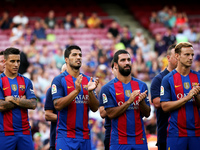 Cristian Tello, Luis Suarez, Arda Turan and Ivan Rakitic during the presentation of the Barcelona team 2016-17, held in the Camp Nou stadium...