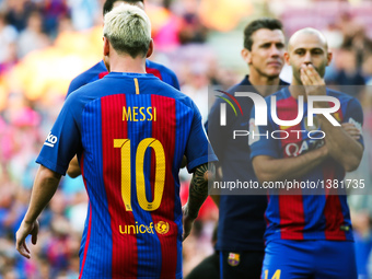 Lionel Messi and Javier Mascherano during the presentation of the Barcelona team 2016-17, held in the Camp Nou stadium, on august 10, 2016.(
