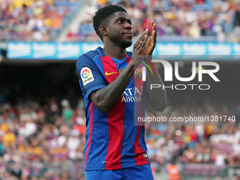 Samuel Umtiti during the presentation of the Barcelona team 2016-17, held in the Camp Nou stadium, on august 10, 2016.(
