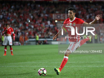 Benfica's forward Raul Jimenez in action during the Portuguese League football match SL Benfica vs Vitoria Setubal FC at Luz stadium in Lisb...