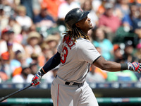 Boston Red Sox first baseman Hanley Ramirez (13) at bat during the first inning of a baseball game against the Detroit Tigers in Detroit, Mi...
