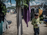 Refugees at a makeshift refugee camp on the Serbian side of the border with Hungary near the town of Horgos on August 12, 2016. (