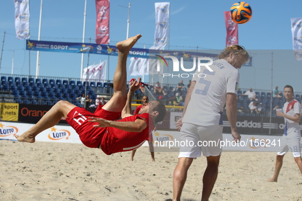 Sopot , Poland 27th June 2014 Euro Beach Soccer League tournament in Sopot.
Game between Portugal and Netherlands.
Jose Maria Fonesca (14) i...