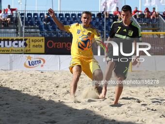 Sopot , Poland 27th June 2014 Euro Beach Soccer League tournament in Sopot.
Game between Spain and Ukraine.
Dmytro Medvid (10) in action aga...