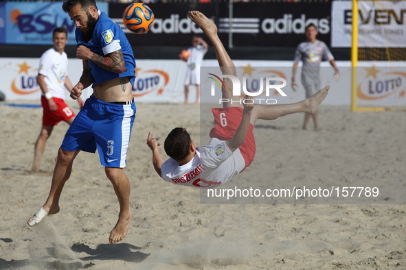 Sopot , Poland 27th June 2014 Euro Beach Soccer League tournament in Sopot.
Game between Poland and Greece.
Konstantinos Papastathopoulos (6...